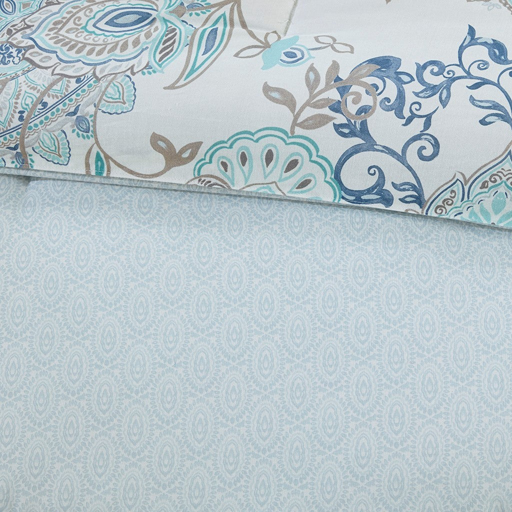 8 Piece Cotton Floral Reversible Comforter Set with Decorative Pillows - Blue
