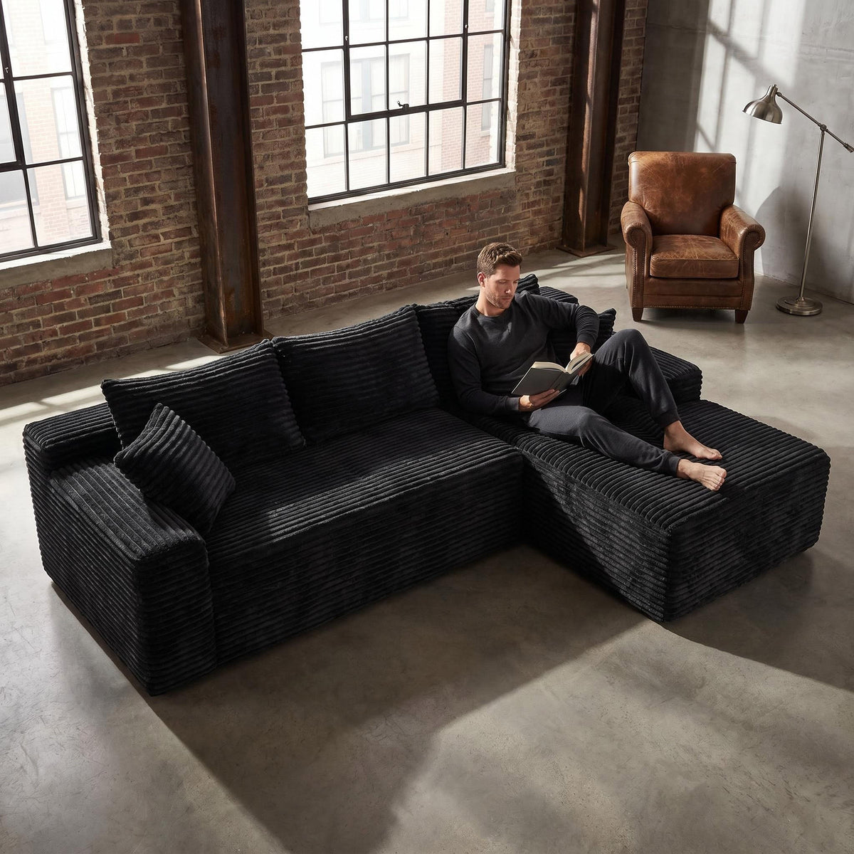 Corduroy Sectional Sofa with L-Shape Chaise - 106.3" Cloud Modular in Charcoal