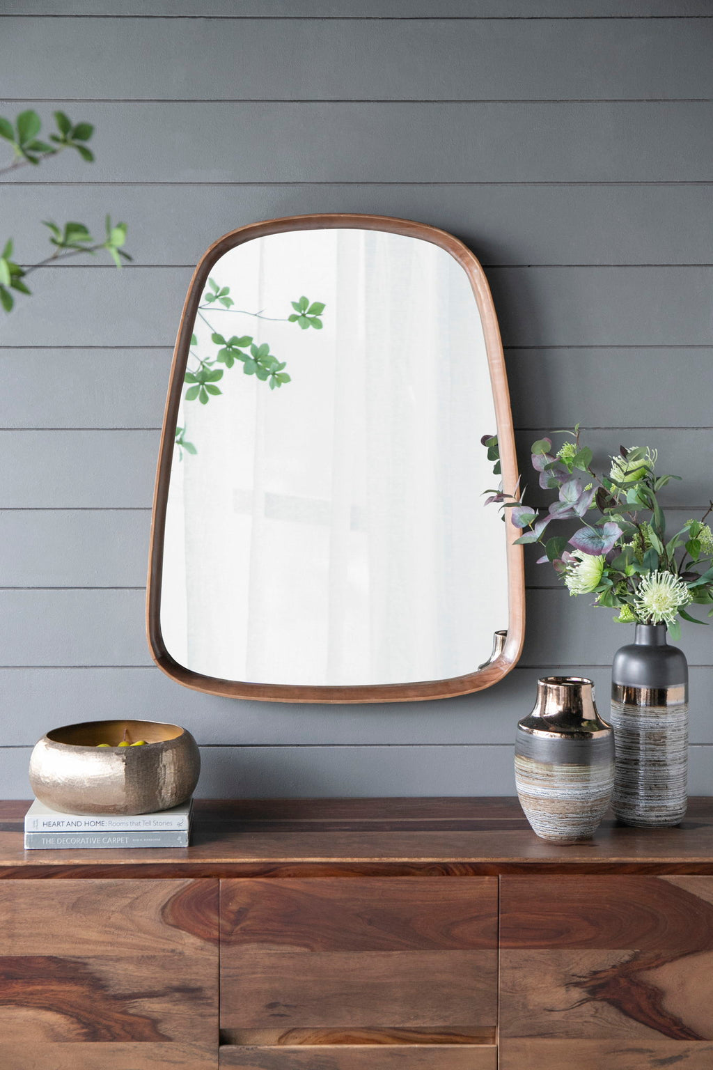 Irregular Wood Frame Wall Mirror with Curved Edges - Brown