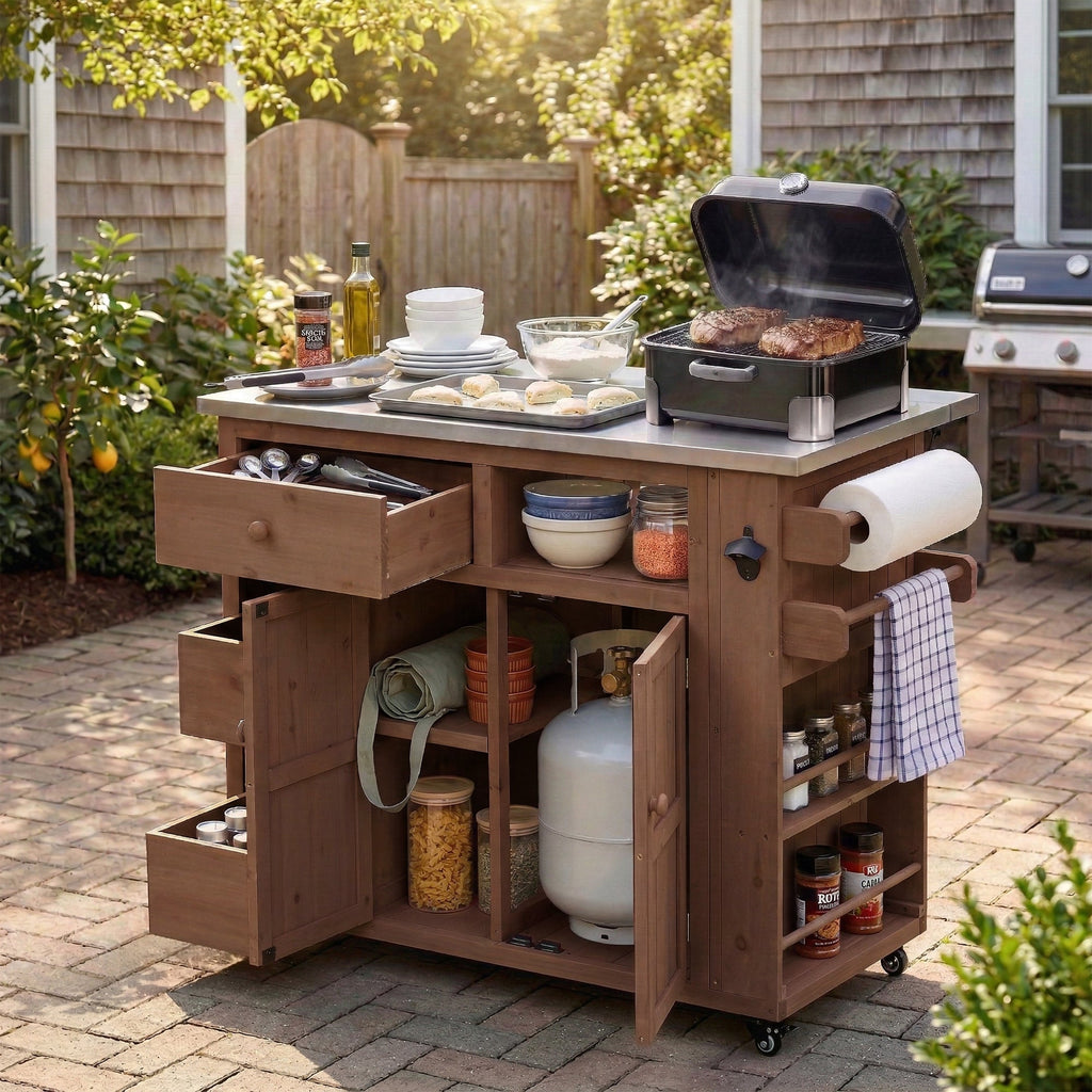 Outdoor Solid Wood Kitchen Island with Extendable Stainless Steel Top - Black, Brown, Gray