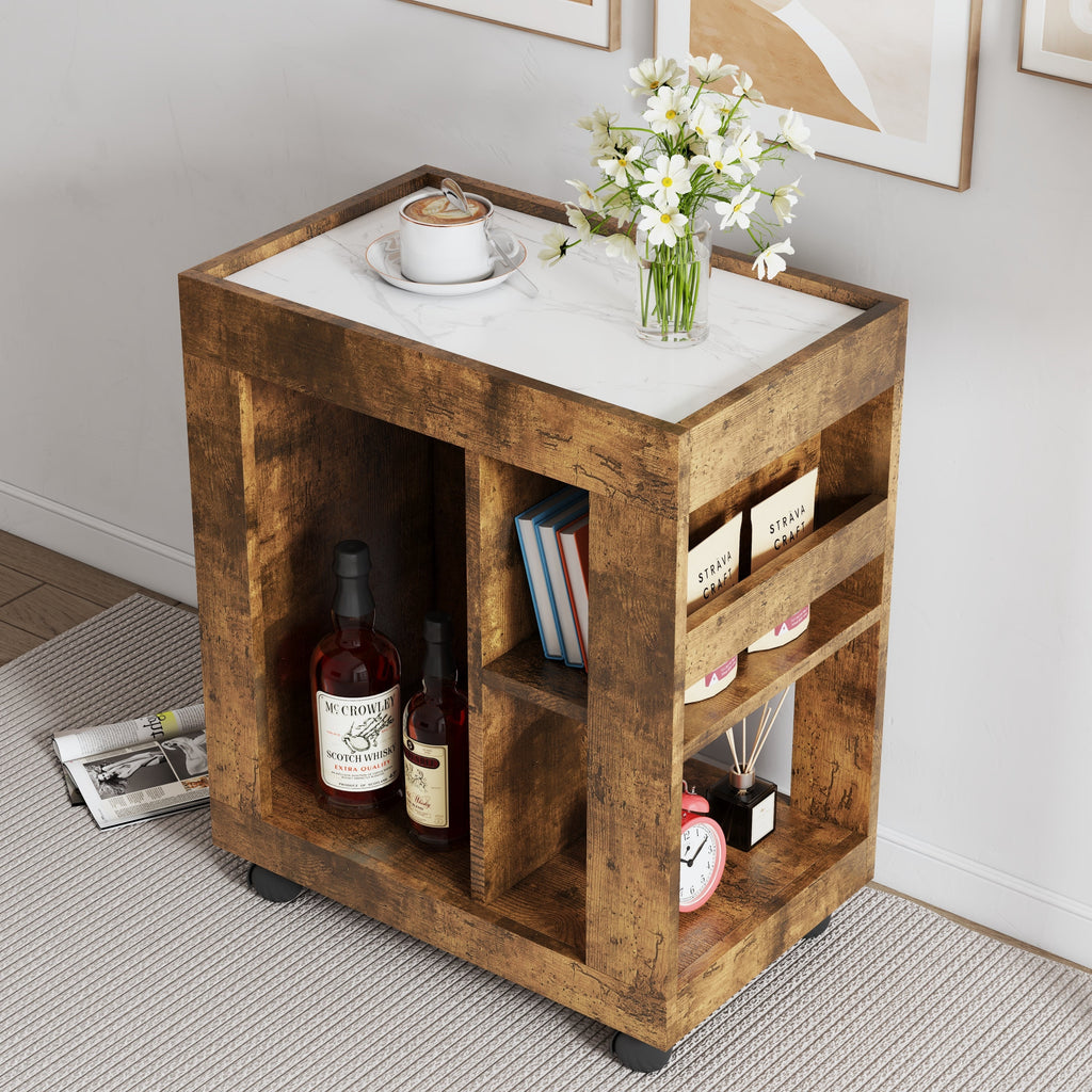 Mid-century Modern Movable Side Cabinet with Sliding Handle - Natural Rubberwood