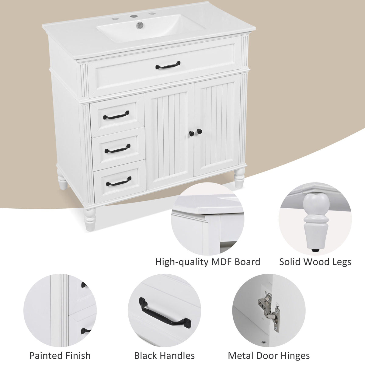 Bathroom Vanity With Sink and Drawers - Freestanding Solid Wood Cabinet