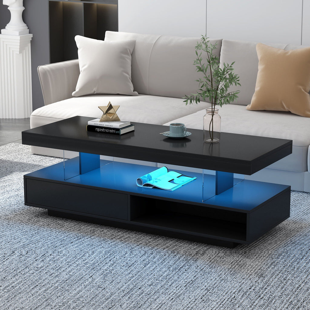 LED Coffee Table with 2 Drawers and Display Shelves - Black or White