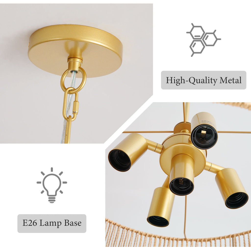 2 Tier Boho Wabi Sabi Chandelier with Handwoven Rattan Shade - Gold