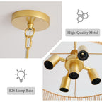 2 Tier Boho Wabi Sabi Chandelier with Handwoven Rattan Shade - Gold