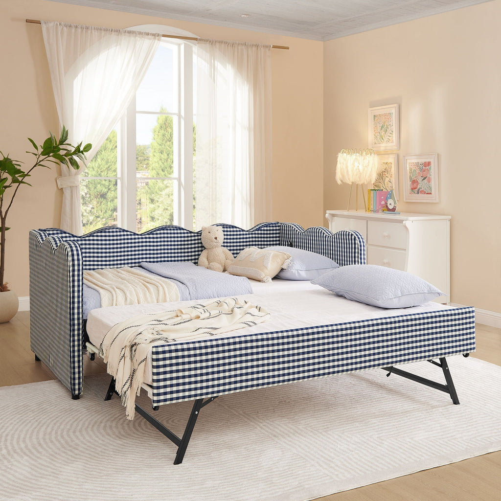 Gingham Daybed with USB Charging Port and Wave-Shaped Design - Multiple Colors
