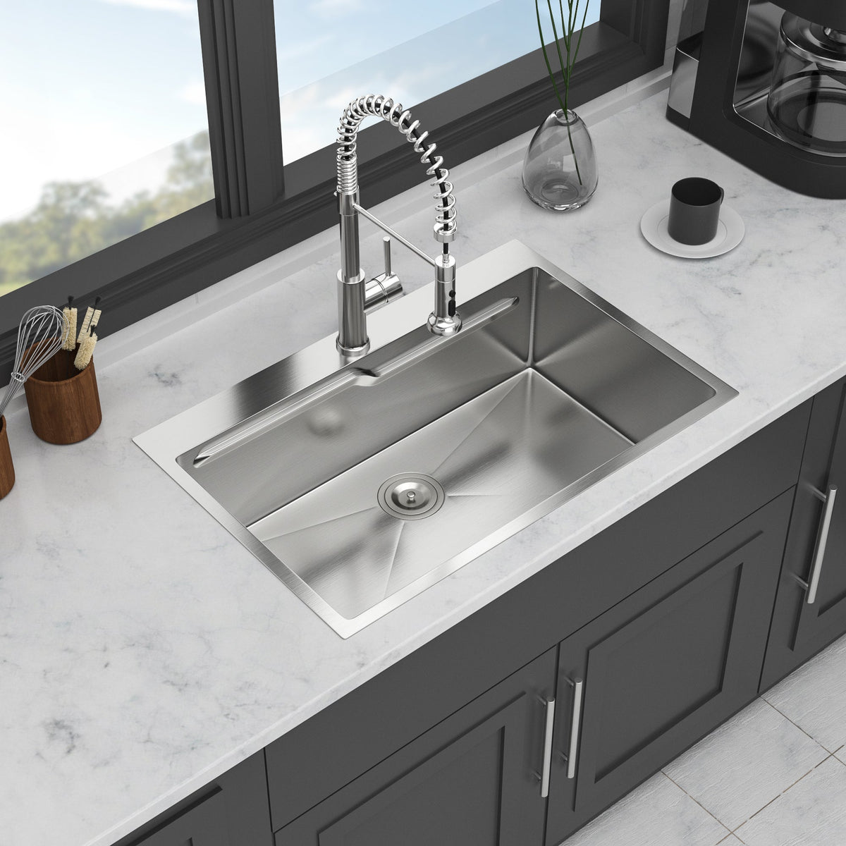 33" Drop In Kitchen Sink with Noise Reduction - Brushed Nickel