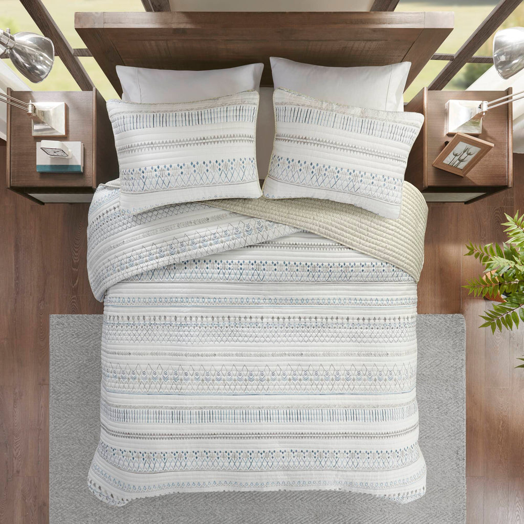 Printed Microfiber Seersucker Quilt Set with Reversible Design - Taupe/Blue