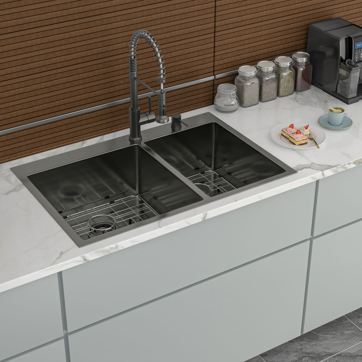 Double Bowl Kitchen Sink 16 Gauge with 2 10" Deep Basins - Gunmetal Black