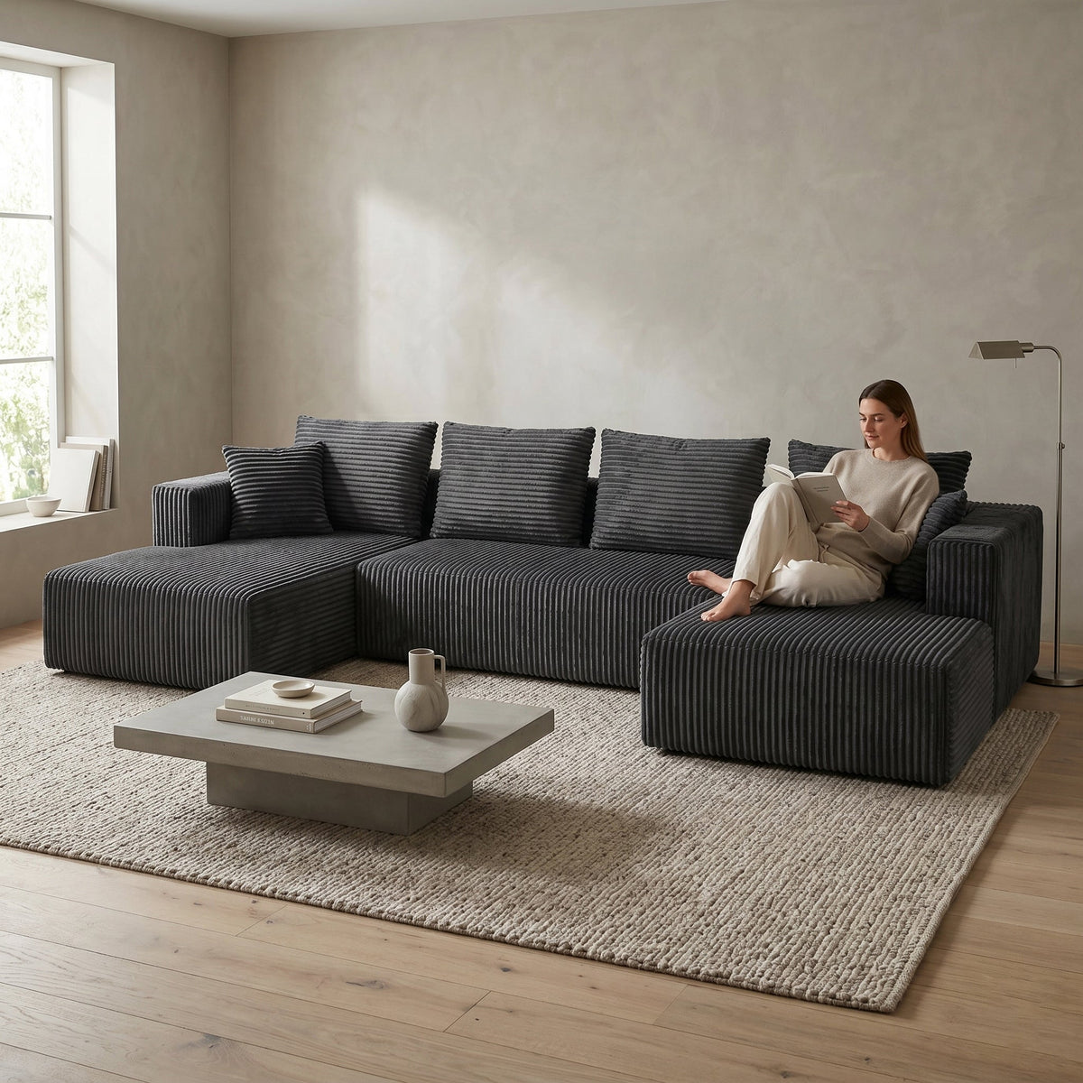 132.1 Inch U-Shaped Corduroy Modular Sectional Sofa - Gray