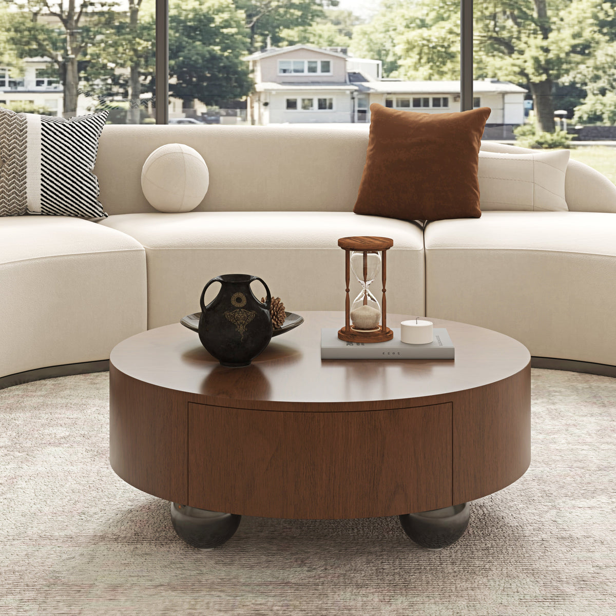 Drum Shaped Round Coffee Table with Solid Wood & MDF Construction - Natural