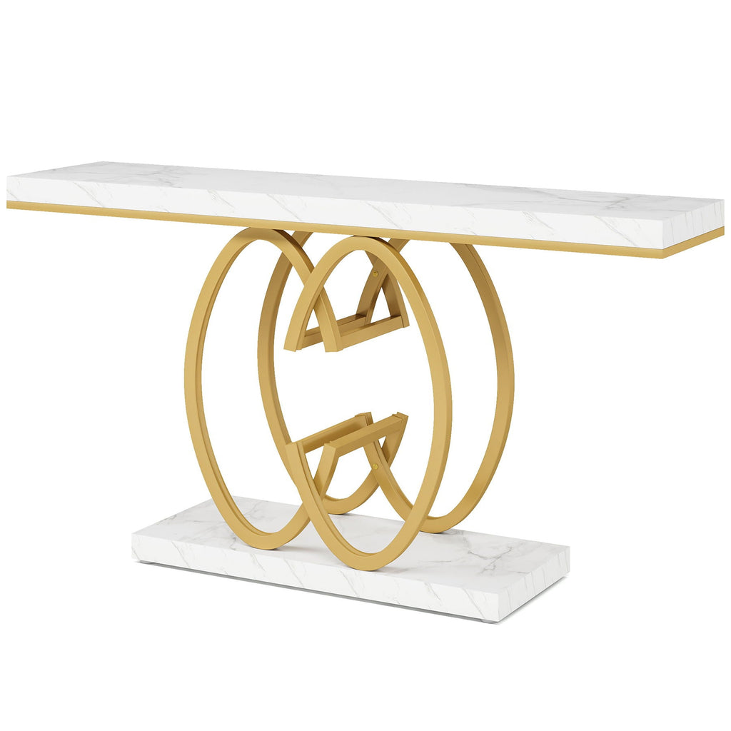 White and Gold Console Table with Geometric Base - Faux Marble