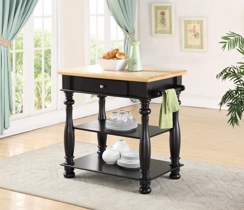Black Kitchen Island with Cutting Board and Storage Shelves