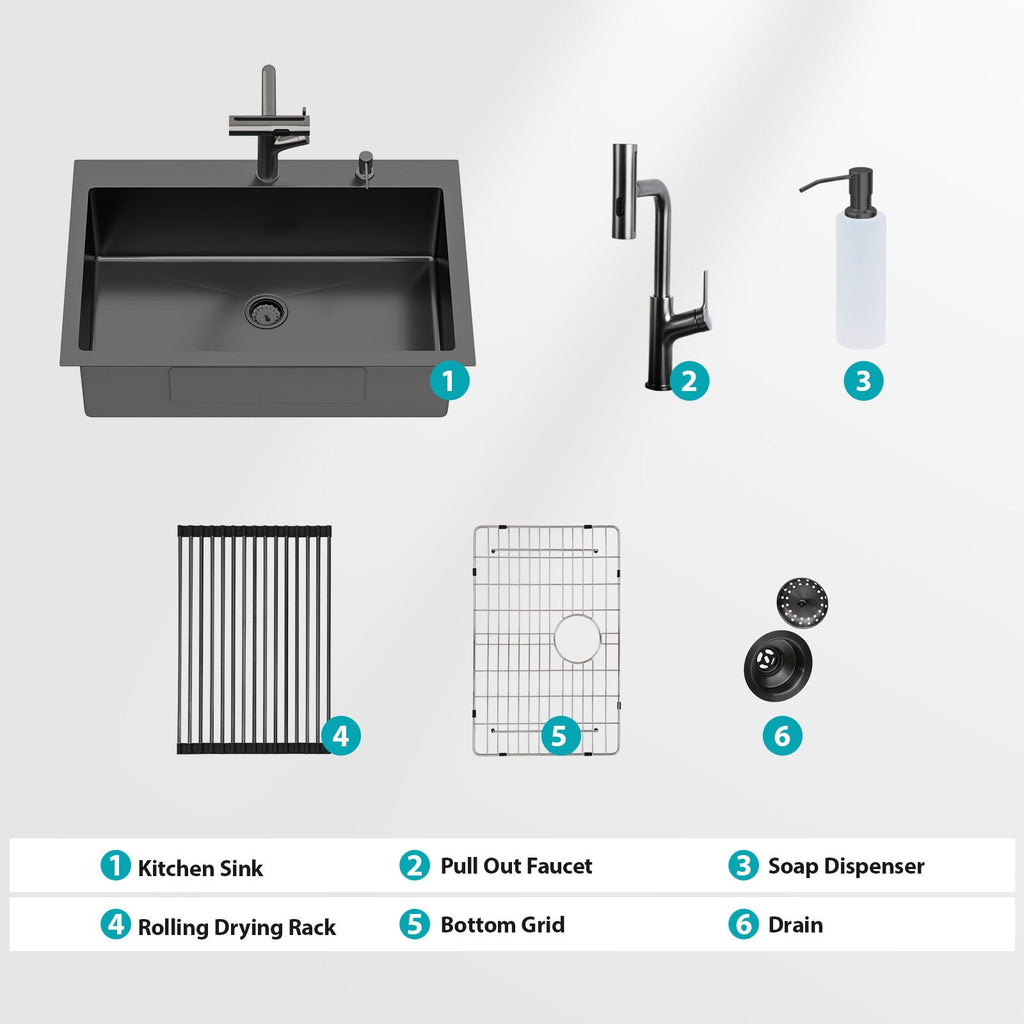 Stainless Steel Drop-In Kitchen Sink with Multi-Function Faucet - Black