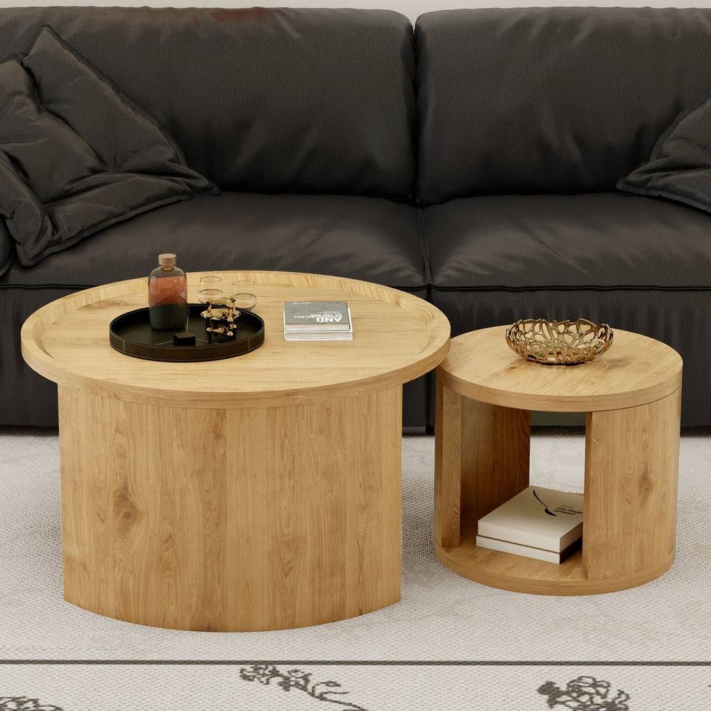 Modern Round Nesting Coffee Table Set of 2 with Wood Tops