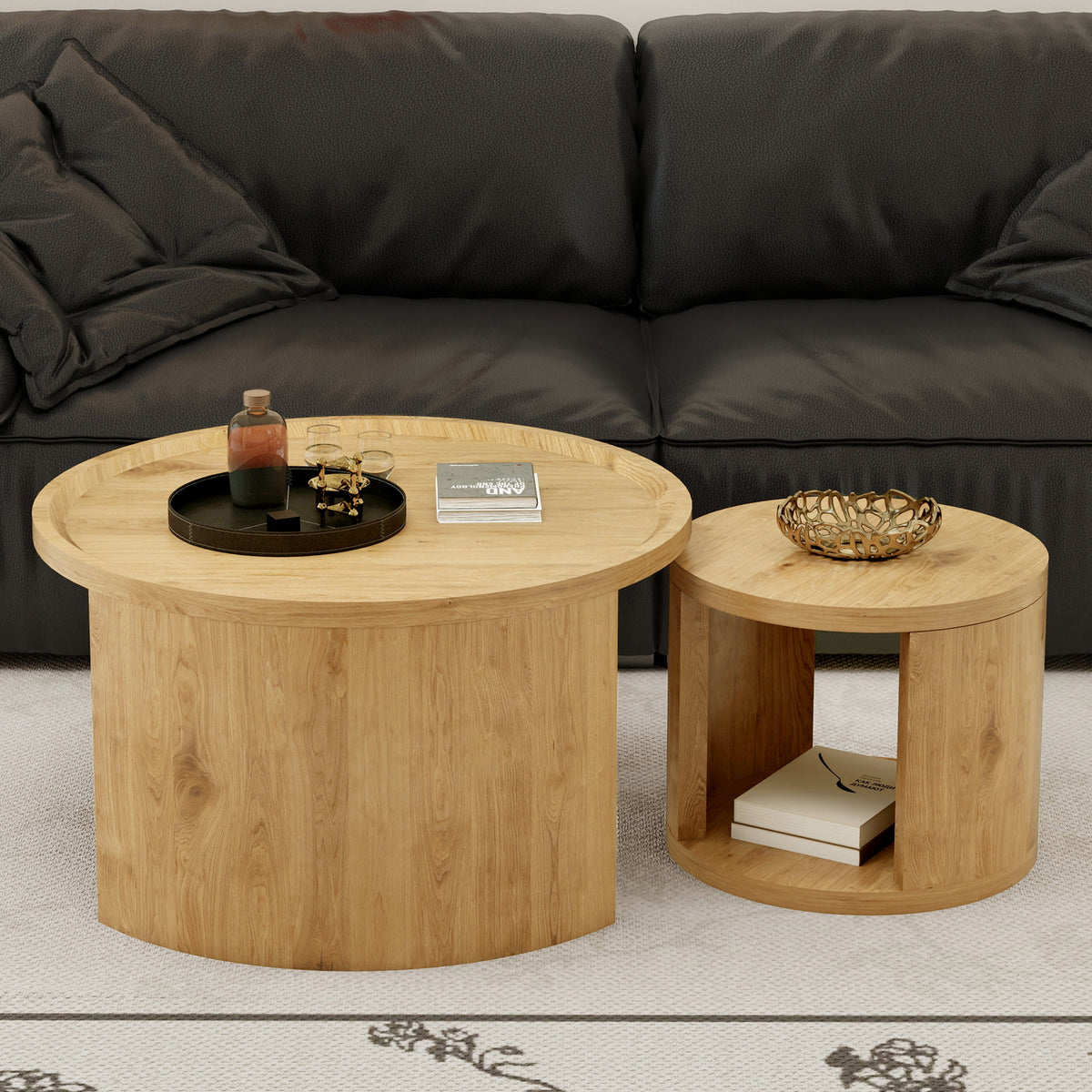 Modern Round Nesting Coffee Table Set of 2 with Wood Tops