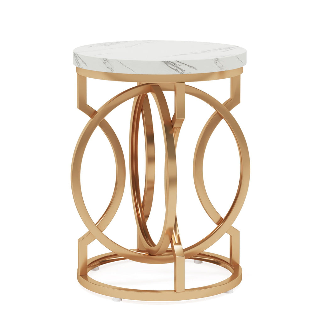 Round End Table with O-Shaped Base - White / Gold