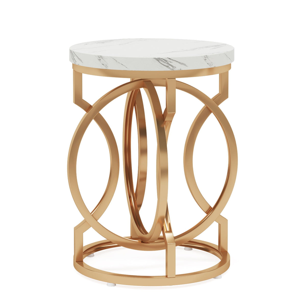 Round End Table with O-Shaped Base - White / Gold
