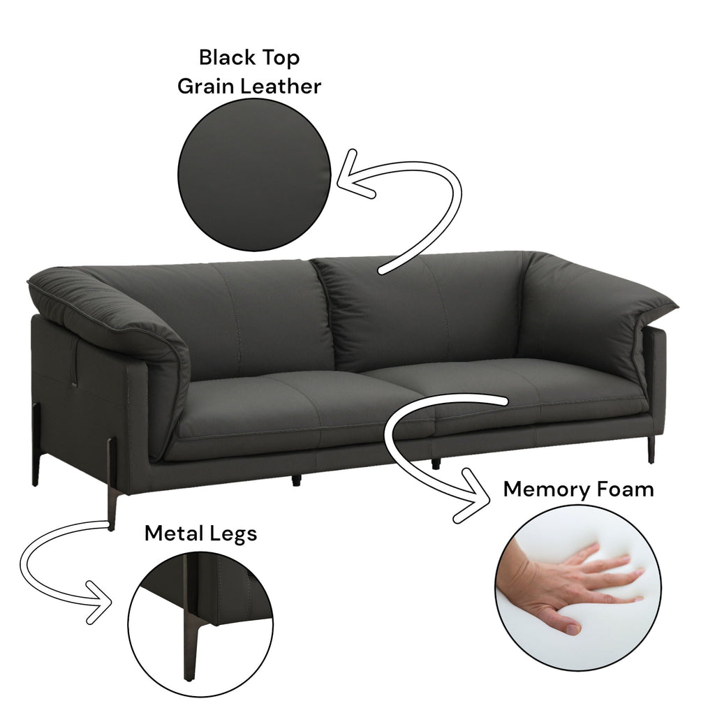 Top Grain Leather Stationary Sofa with Memory Foam Cushions - Black