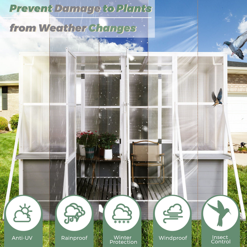 Wooden Lean To Greenhouse with Walk-In Design - White / Gray