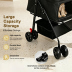 Foldable Pet Stroller with Mesh Panels and Storage Basket - Black, Pink, or Blue