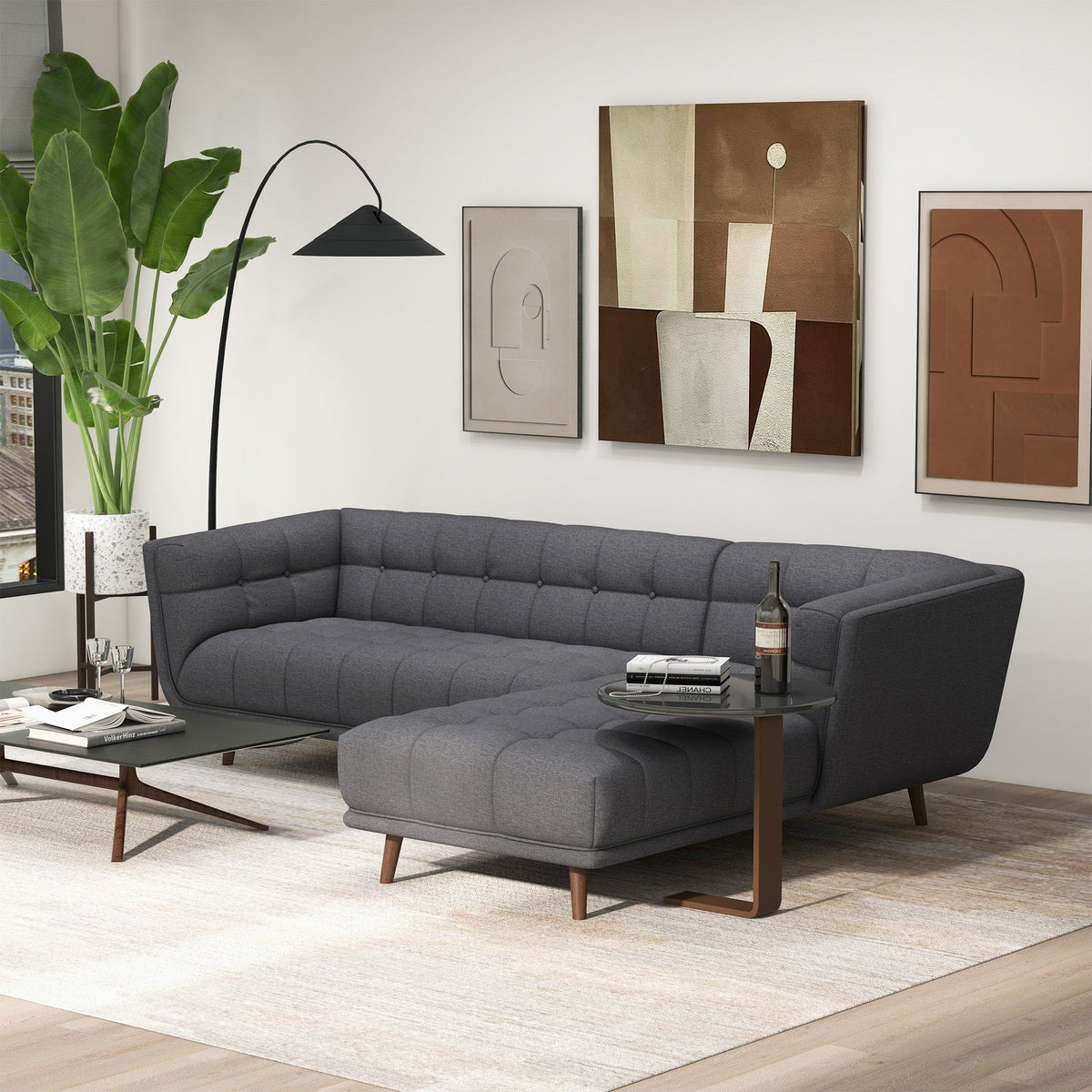 L Shape Sectional Sofa Tufted with Mid-Century Modern Design - Dark Gray or Beige
