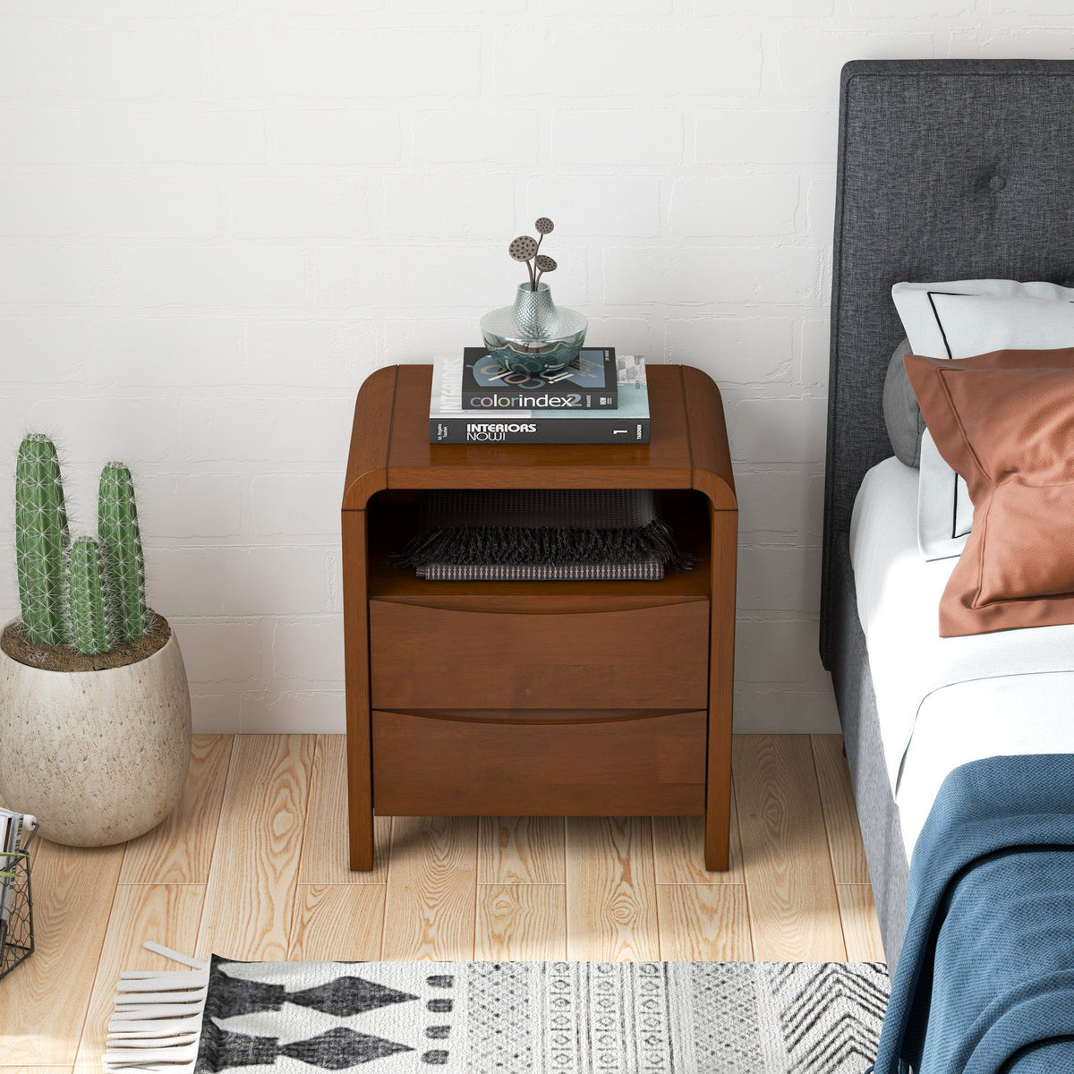 Brown 2-Drawer Nightstand with Solid Wood Construction
