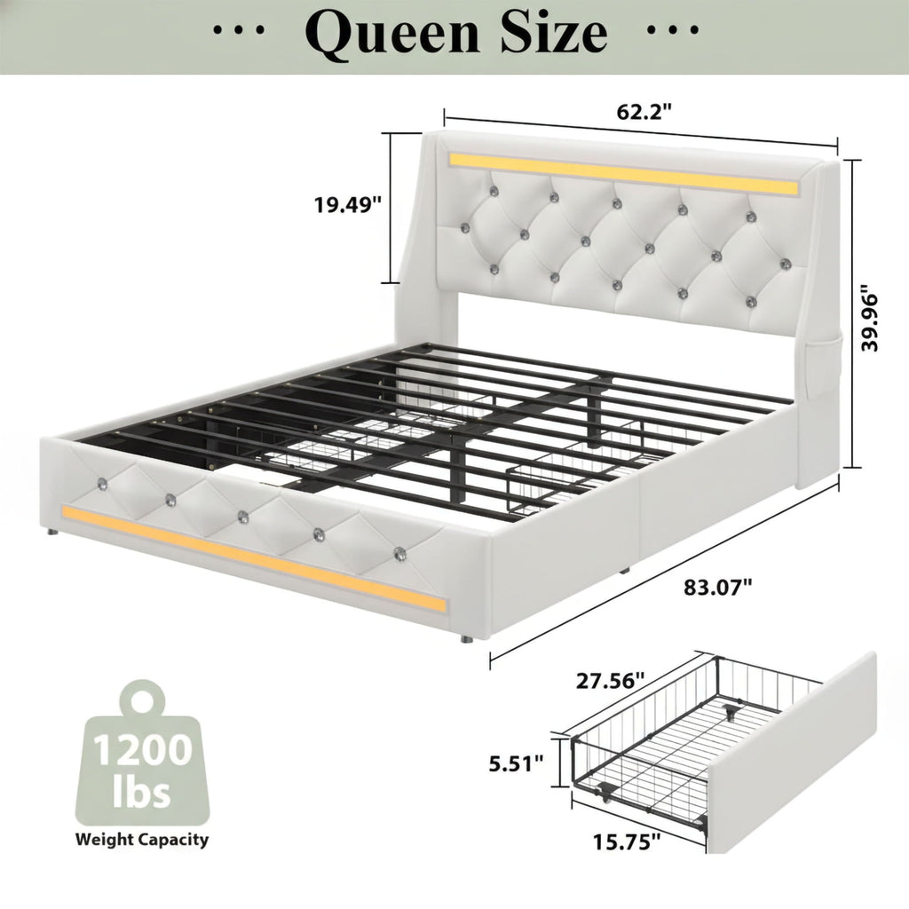 Wingback Upholstered Bed Frame with LED Lights and Charging Station - Black or White