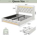 Wingback Upholstered Bed Frame with LED Lights and Charging Station - Black or White