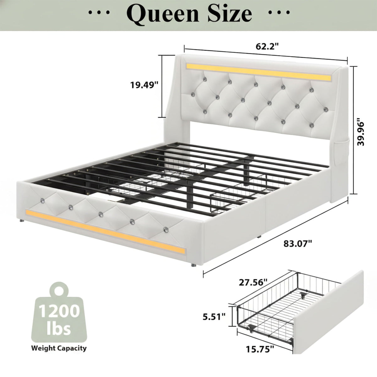 Wingback Upholstered Bed Frame with LED Lights and Charging Station - Black or White