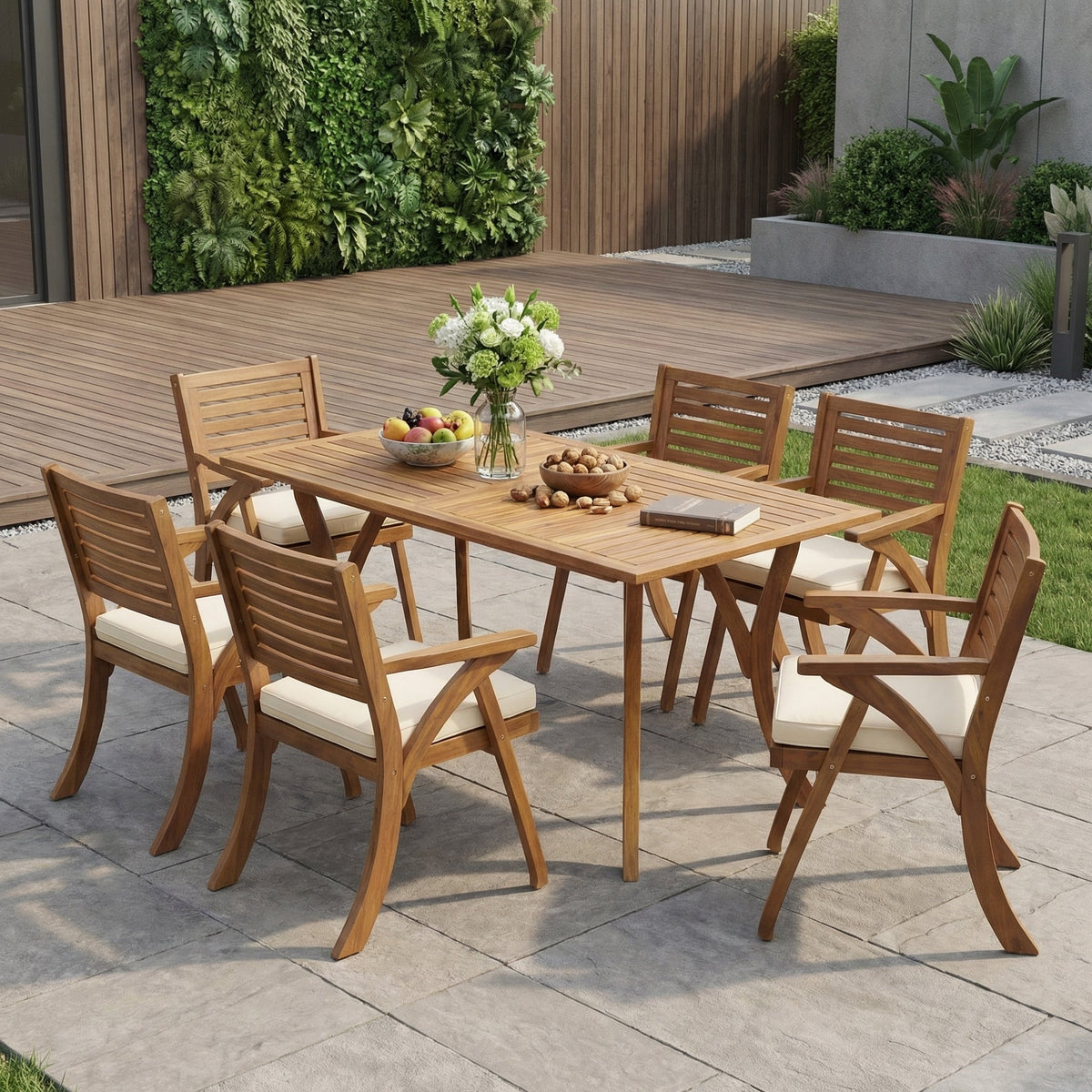 Acacia Wood Outdoor Dining Set with Cushions - 7 Piece Patio Set, Cream