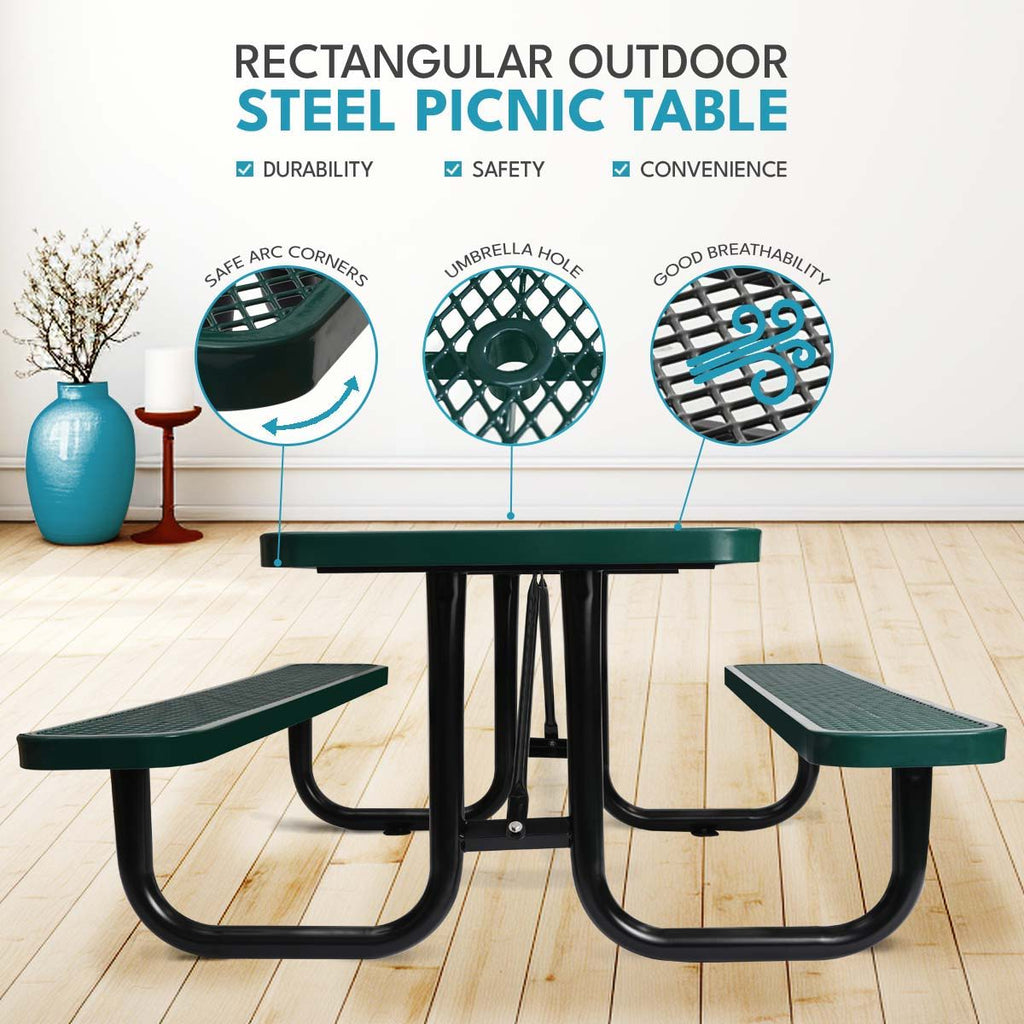 Outdoor Steel Picnic Rectangular Table with Umbrella Pole - Black, Blue, or Dark Green