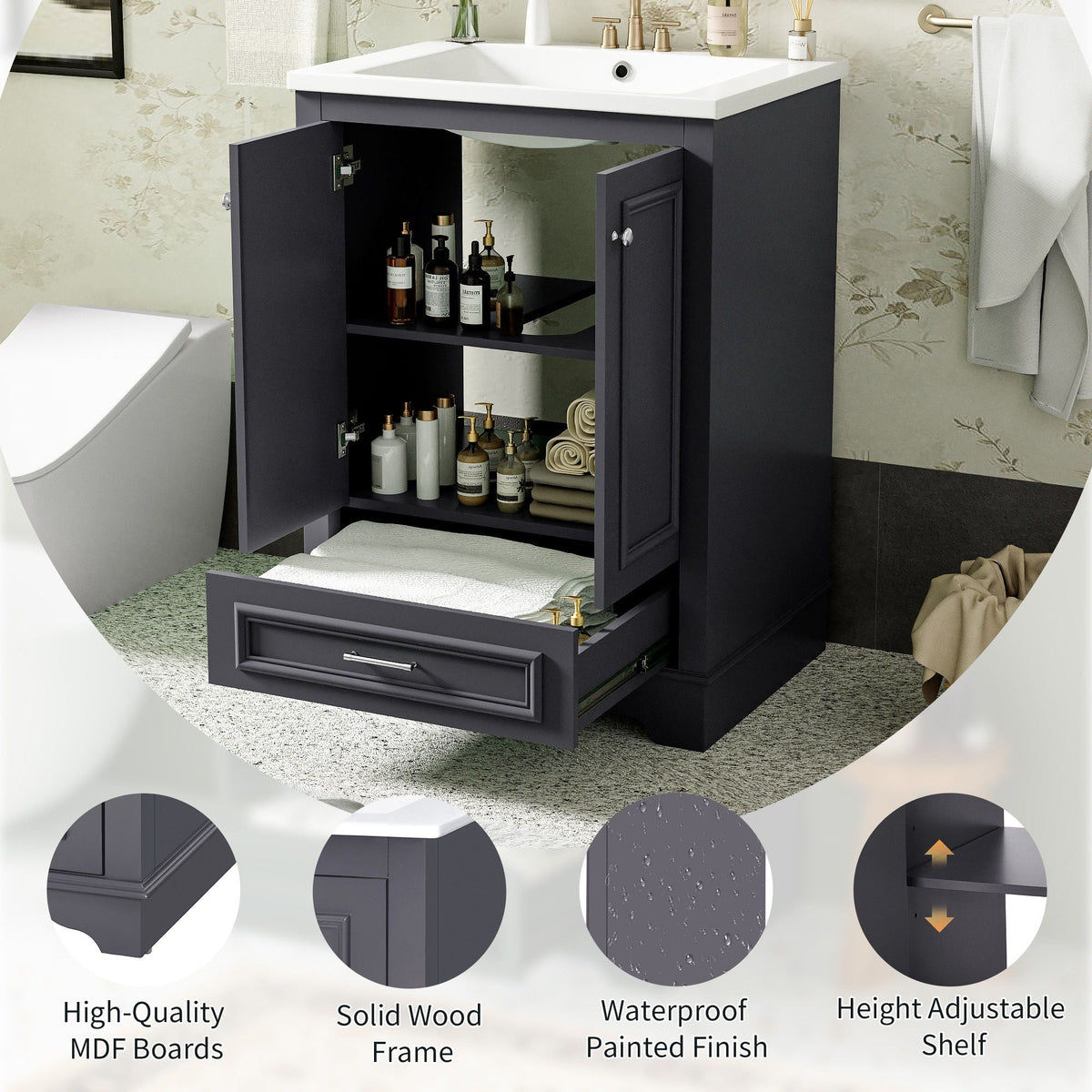 Modern Bathroom Vanity with Ceramic Sink Combo and Storage Cabinet - Multiple Colors
