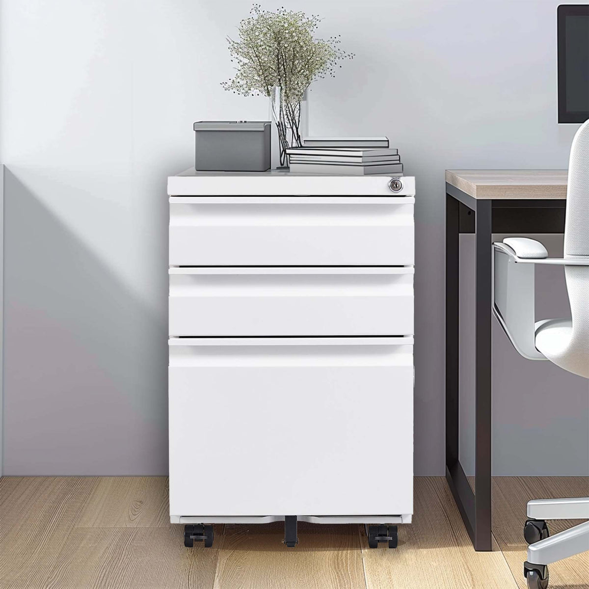 Metal Drawer Mobile File Cabinet with Lock for Secure Organization - White or Black