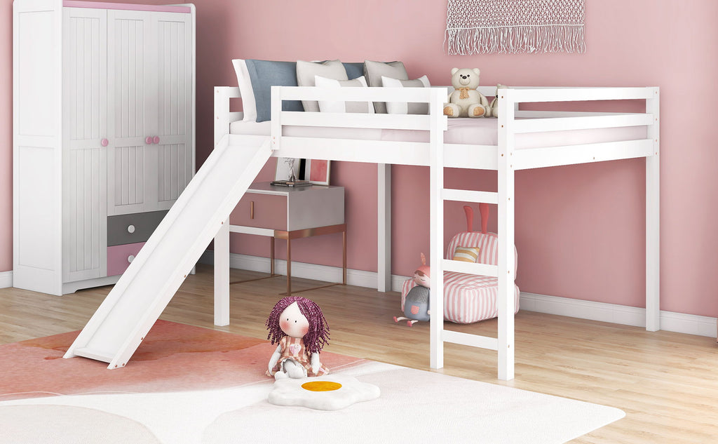 White Full Loft Bed with Slide - Multifunctional Design