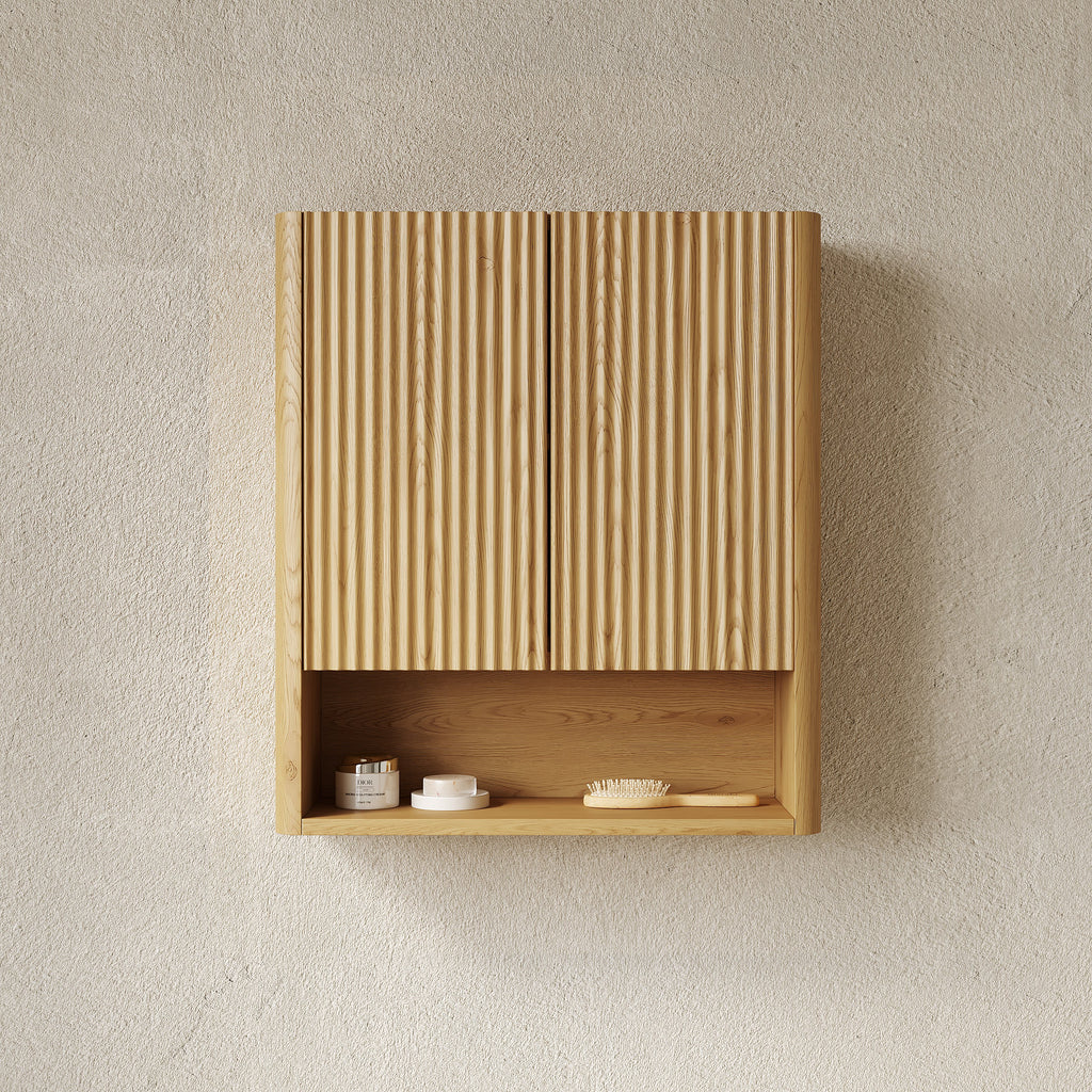 26" Wall-Mounted Bathroom Cabinet with Solid Wood Striped Doors - Natural Finish