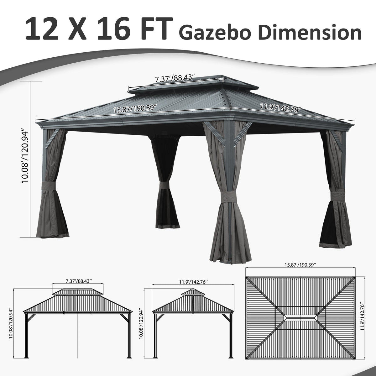 12' x 16' Hardtop Gazebo with Dual-Layer Roof - Aluminum