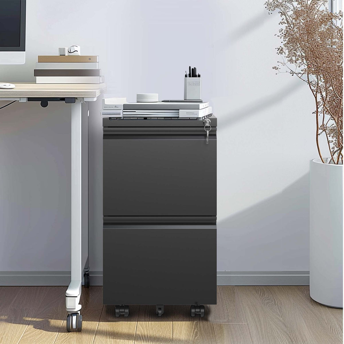 Metal Drawer Mobile File Cabinet with Lock for Secure Organization - White or Black