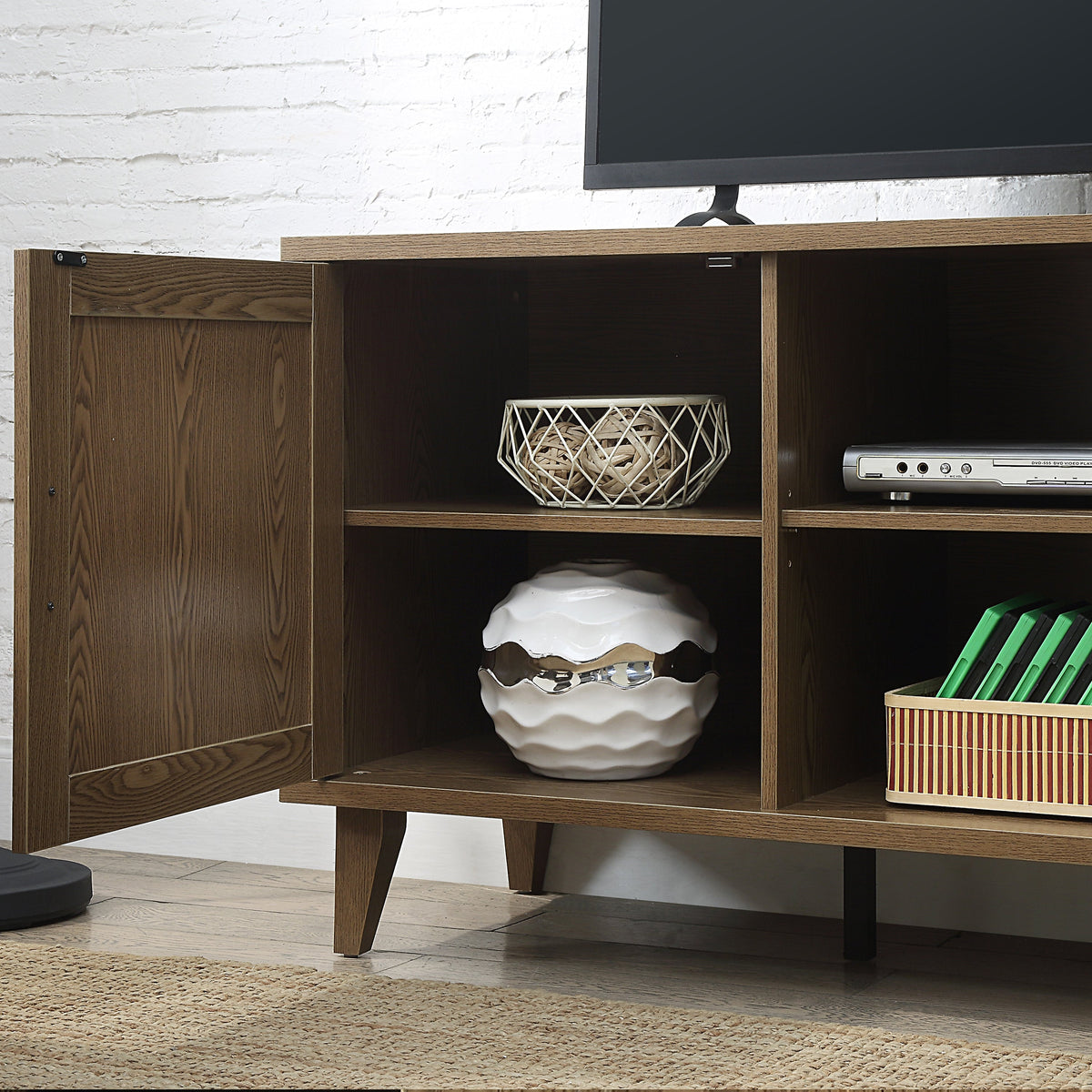 Modern 60 Inch TV Stand with Storage & Cable Management - Walnut