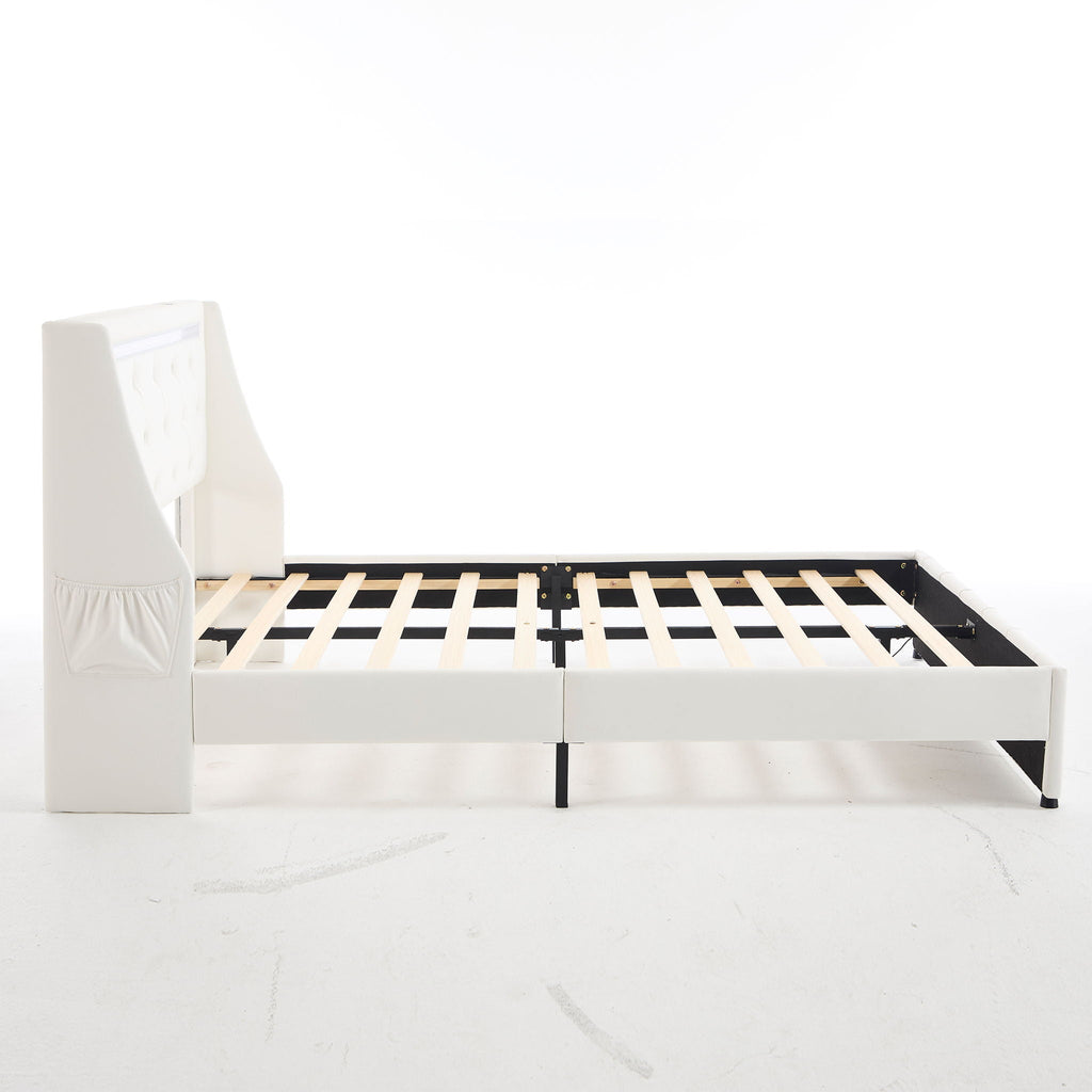 Wingback Upholstered Bed Frame with LED Lights and Charging Station - Black or White