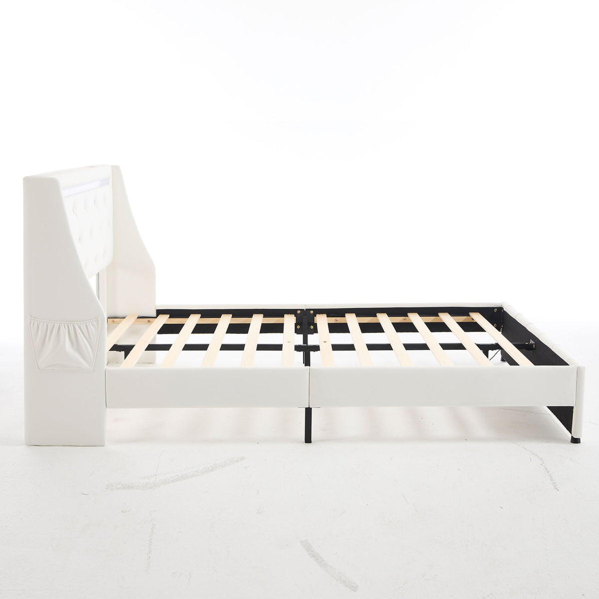 Wingback Upholstered Bed Frame with LED Lights and Charging Station - Black or White