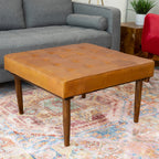 Tufted Square Genuine Upholstered Ottoman with High-Density Foam - Light Brown
