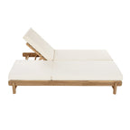 Light Teak Acacia Wood Double Chaise Lounger Set with Adjustable Backrests - Cream