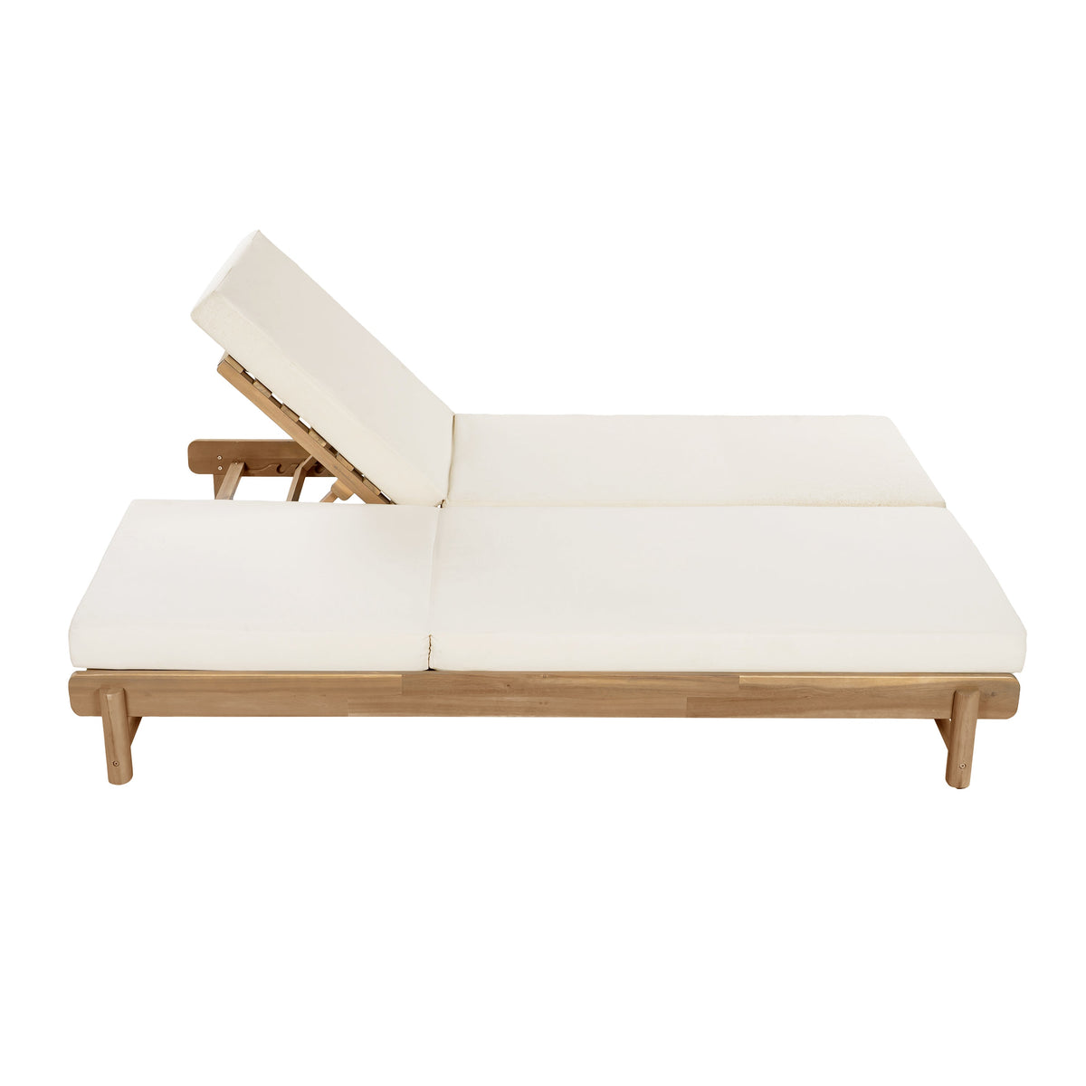 Light Teak Acacia Wood Double Chaise Lounger Set with Adjustable Backrests - Cream
