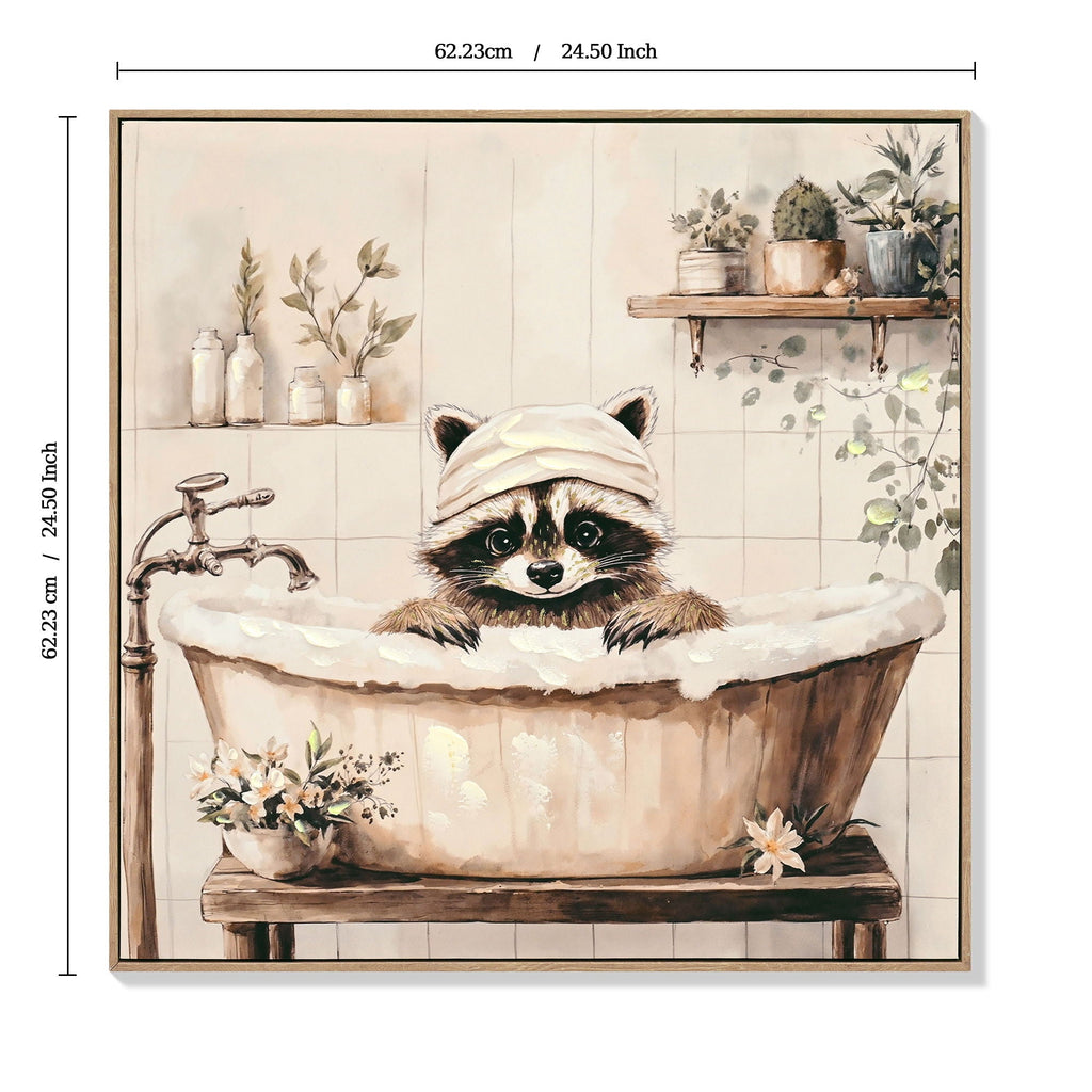 Raccoon Bathroom Canvas Wall Art with Hand-Painted Details - Black / Ivory