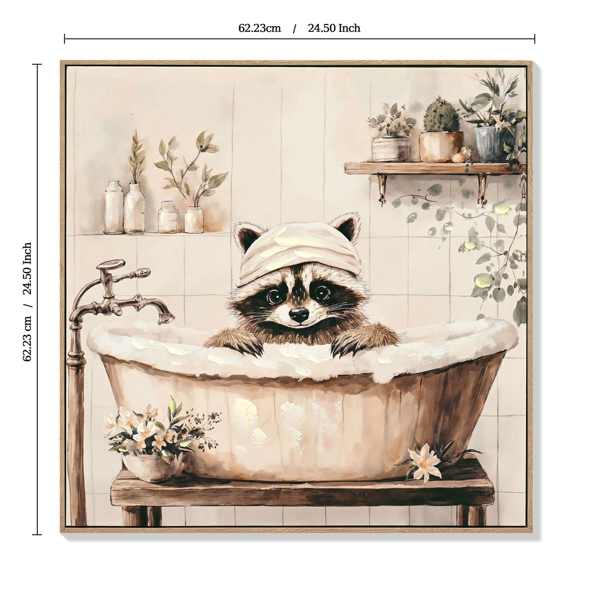 Raccoon Bathroom Canvas Wall Art with Hand-Painted Details - Black / Ivory