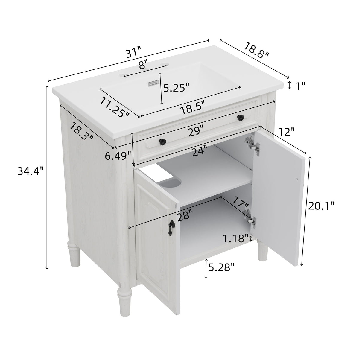 Vintage Bathroom Vanity With Sink and Soft-Close Doors - Dark Gray or White