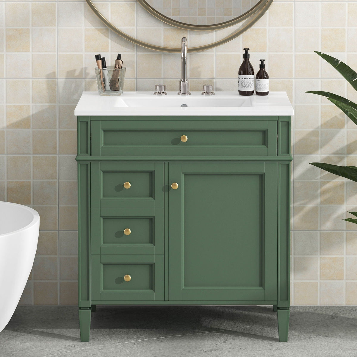 Bathroom Vanity with Ceramic Sink and Multiple Storage Drawers - White, Blue, Dark Gray, Black, Dark Green