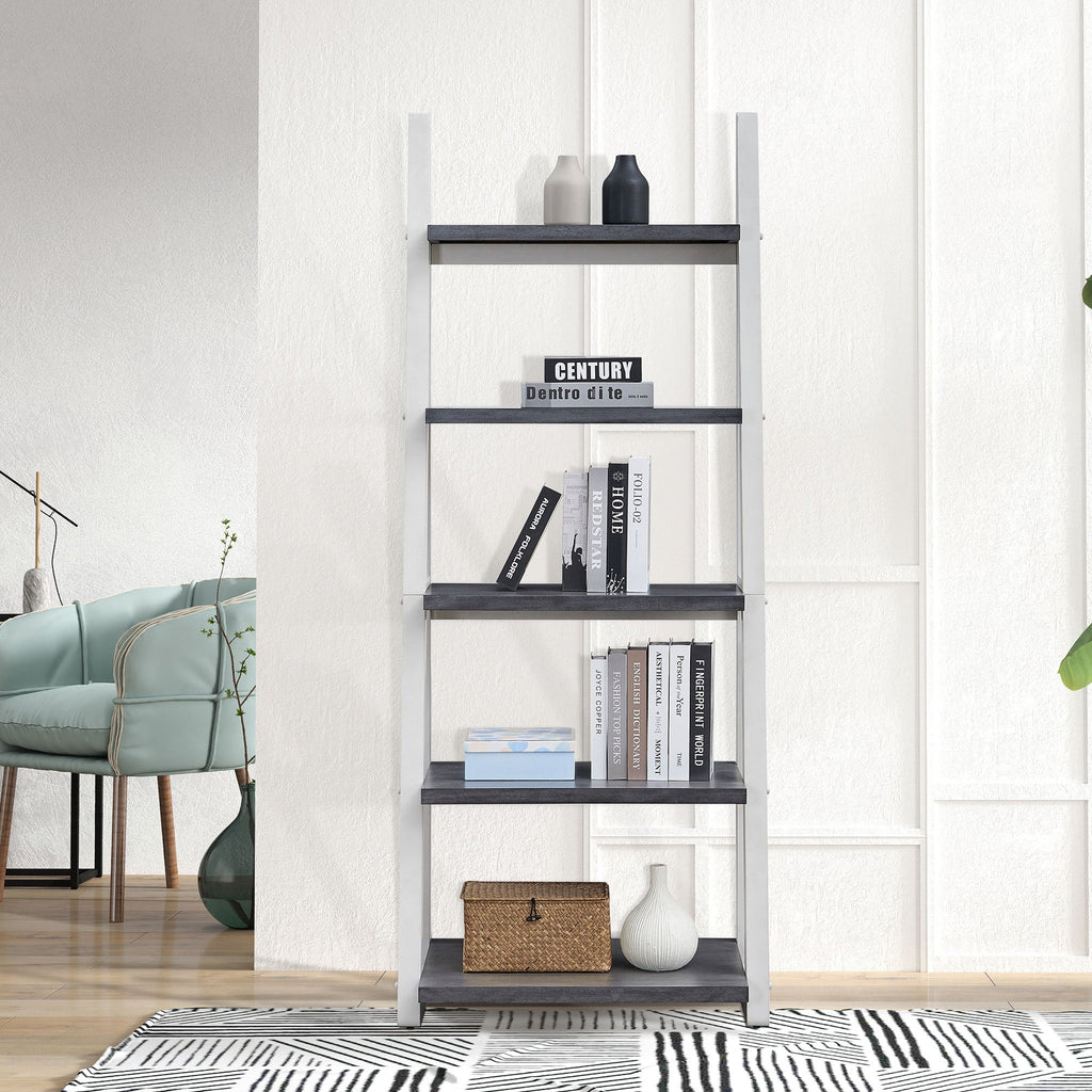 5-Tier Ladder Shelf with Rubber Wood Frame - Grey & White