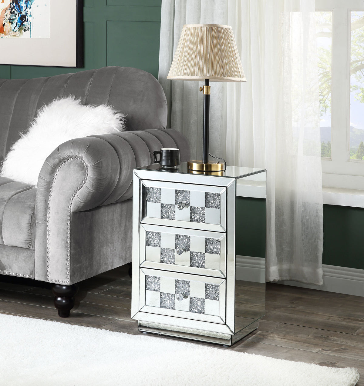 Mirrored Accent Table with Faux Diamond Drawers - Silver